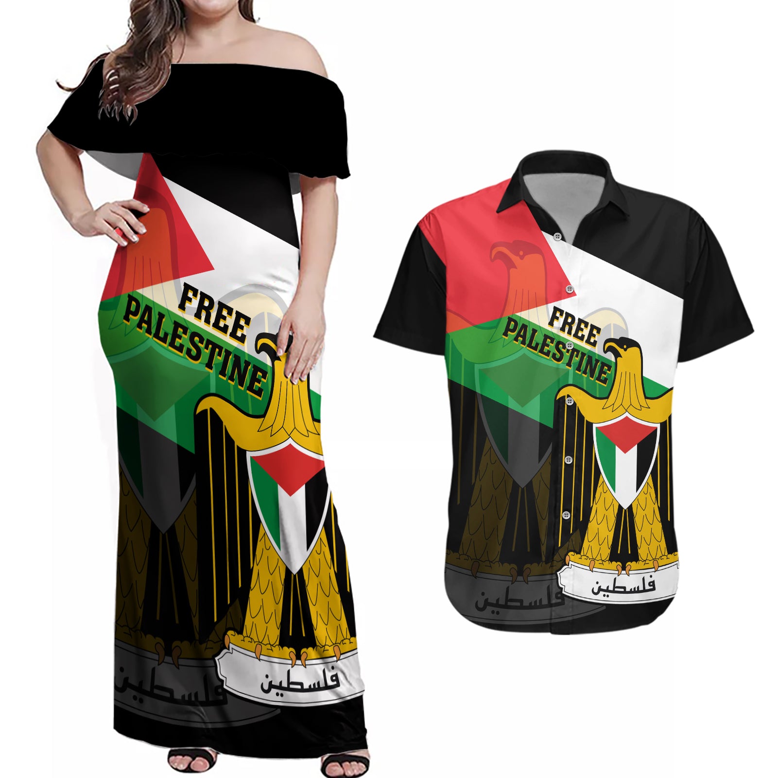 Free Palestine Couples Matching Off Shoulder Maxi Dress and Hawaiian Shirt Coat Of Arms Mix Flag Style - Wonder Print Shop