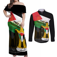 Free Palestine Couples Matching Off Shoulder Maxi Dress and Long Sleeve Button Shirt Coat Of Arms Mix Flag Style - Wonder Print Shop