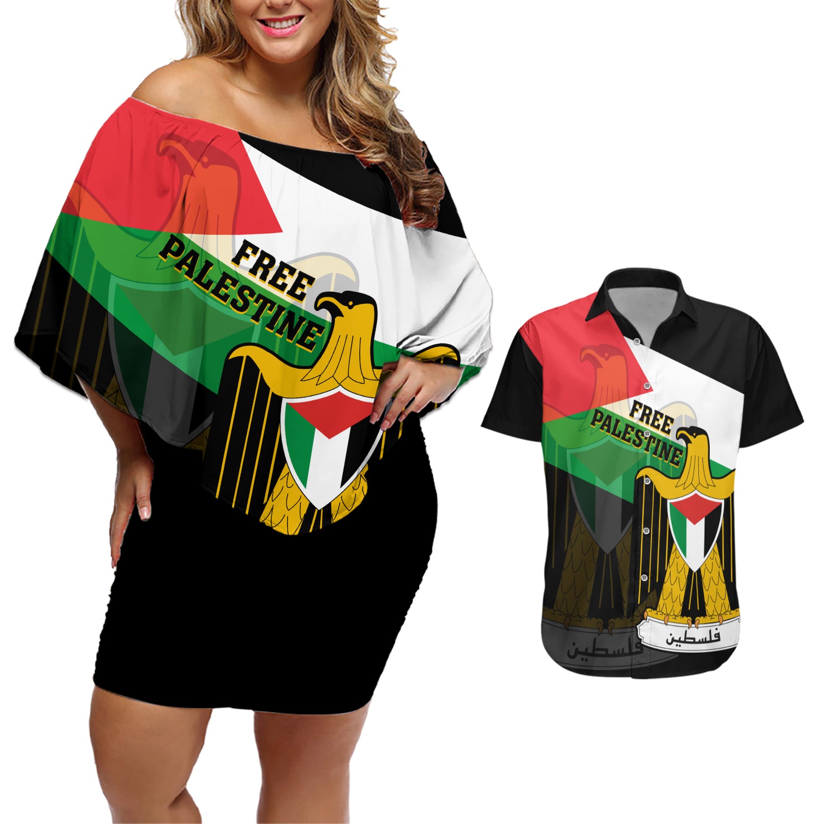 Free Palestine Couples Matching Off Shoulder Short Dress and Hawaiian Shirt Coat Of Arms Mix Flag Style - Wonder Print Shop