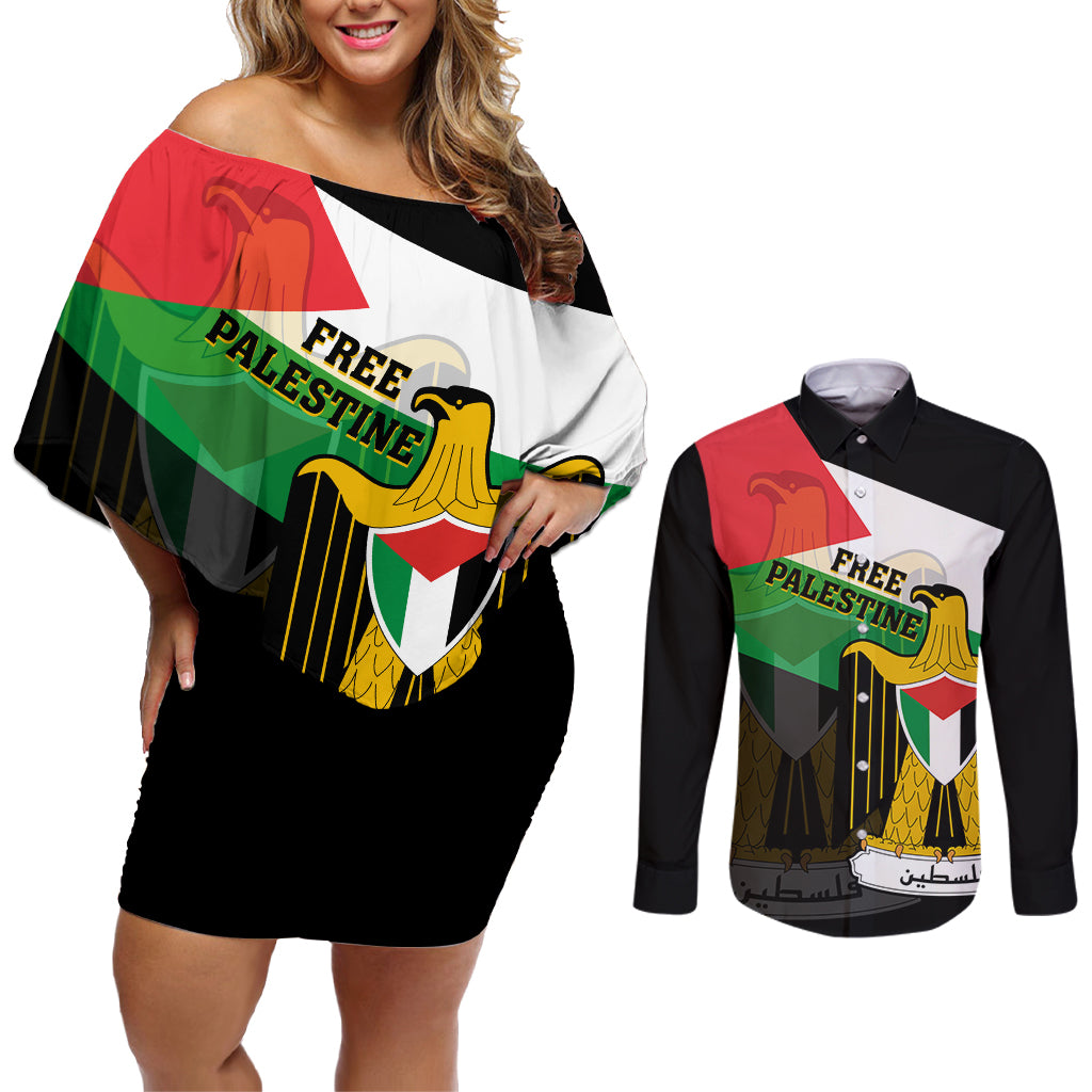 Free Palestine Couples Matching Off Shoulder Short Dress and Long Sleeve Button Shirt Coat Of Arms Mix Flag Style - Wonder Print Shop
