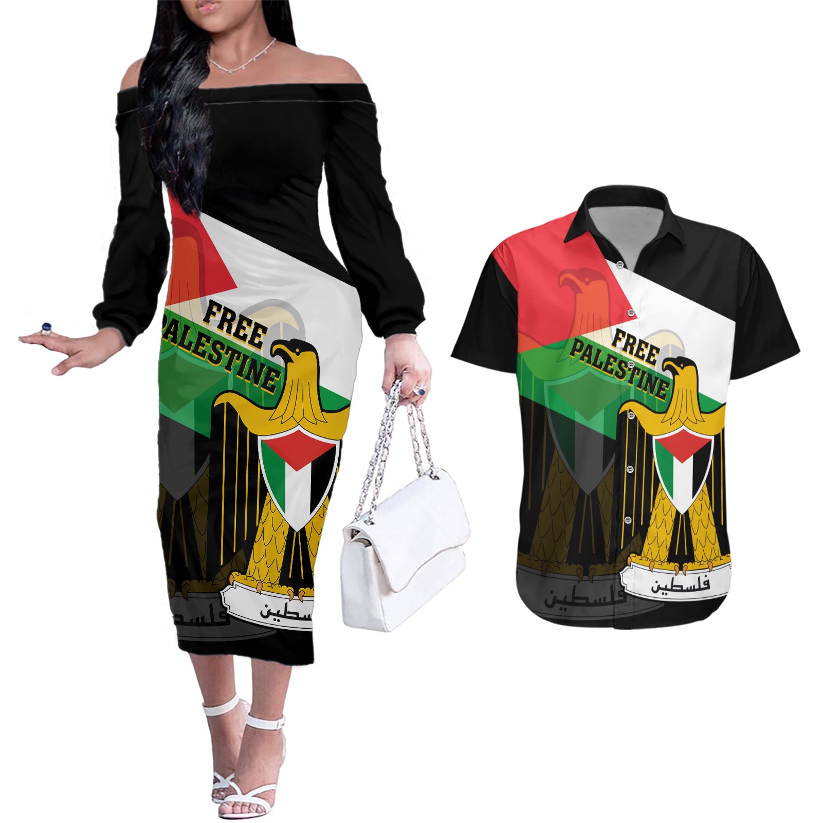 Free Palestine Couples Matching Off The Shoulder Long Sleeve Dress and Hawaiian Shirt Coat Of Arms Mix Flag Style - Wonder Print Shop