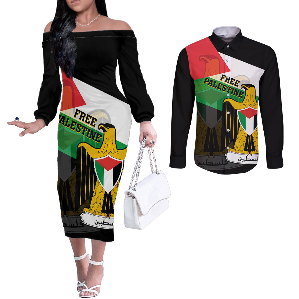 free-palestine-couples-matching-off-the-shoulder-long-sleeve-dress-and-long-sleeve-button-shirt-coat-of-arms-mix-flag-style