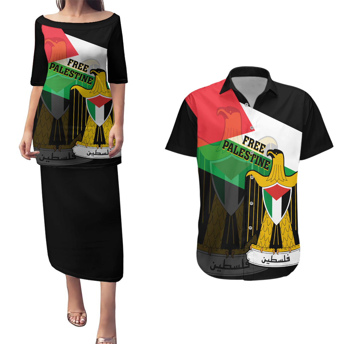 Free Palestine Couples Matching Puletasi Dress and Hawaiian Shirt Coat Of Arms Mix Flag Style - Wonder Print Shop