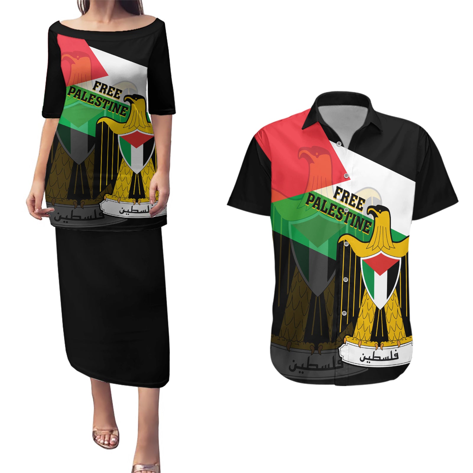 Free Palestine Couples Matching Puletasi Dress and Hawaiian Shirt Coat Of Arms Mix Flag Style - Wonder Print Shop