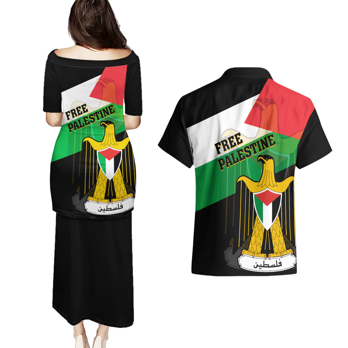 Free Palestine Couples Matching Puletasi Dress and Hawaiian Shirt Coat Of Arms Mix Flag Style - Wonder Print Shop