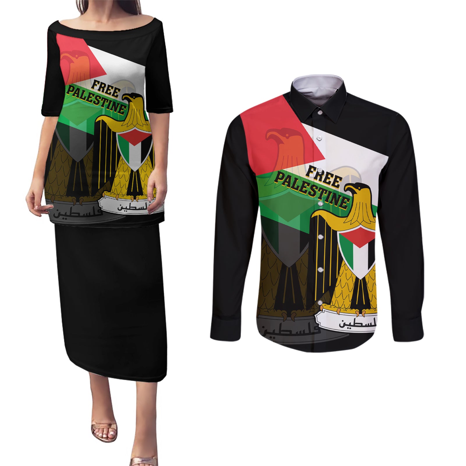 Free Palestine Couples Matching Puletasi Dress and Long Sleeve Button Shirt Coat Of Arms Mix Flag Style - Wonder Print Shop