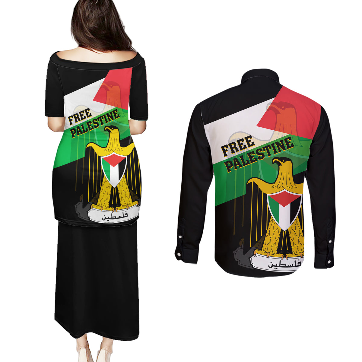 Free Palestine Couples Matching Puletasi Dress and Long Sleeve Button Shirt Coat Of Arms Mix Flag Style - Wonder Print Shop