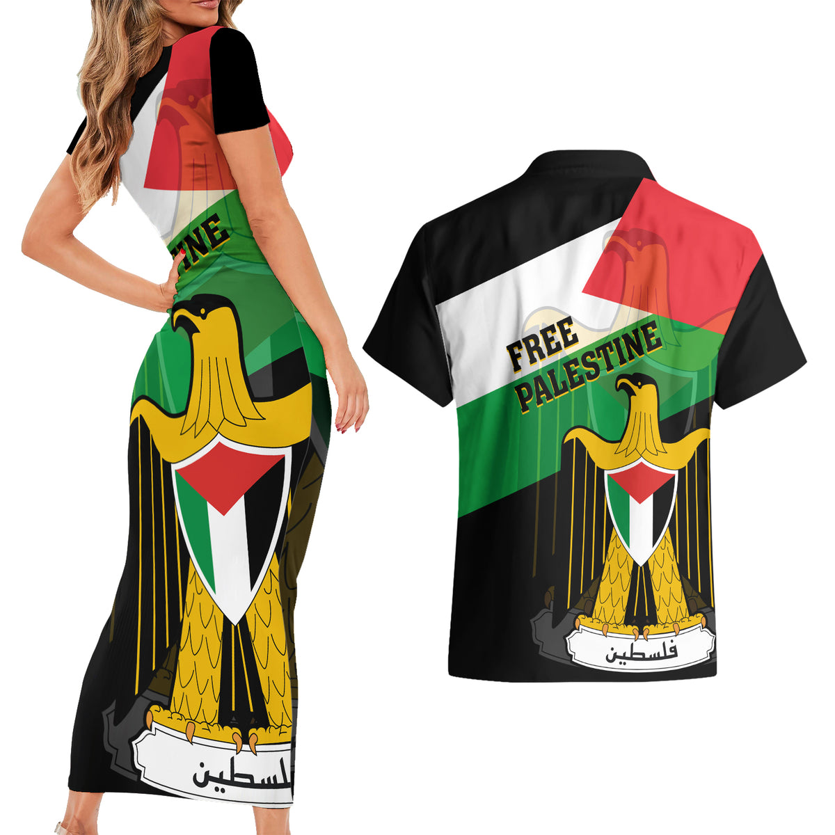 Free Palestine Couples Matching Short Sleeve Bodycon Dress and Hawaiian Shirt Coat Of Arms Mix Flag Style - Wonder Print Shop