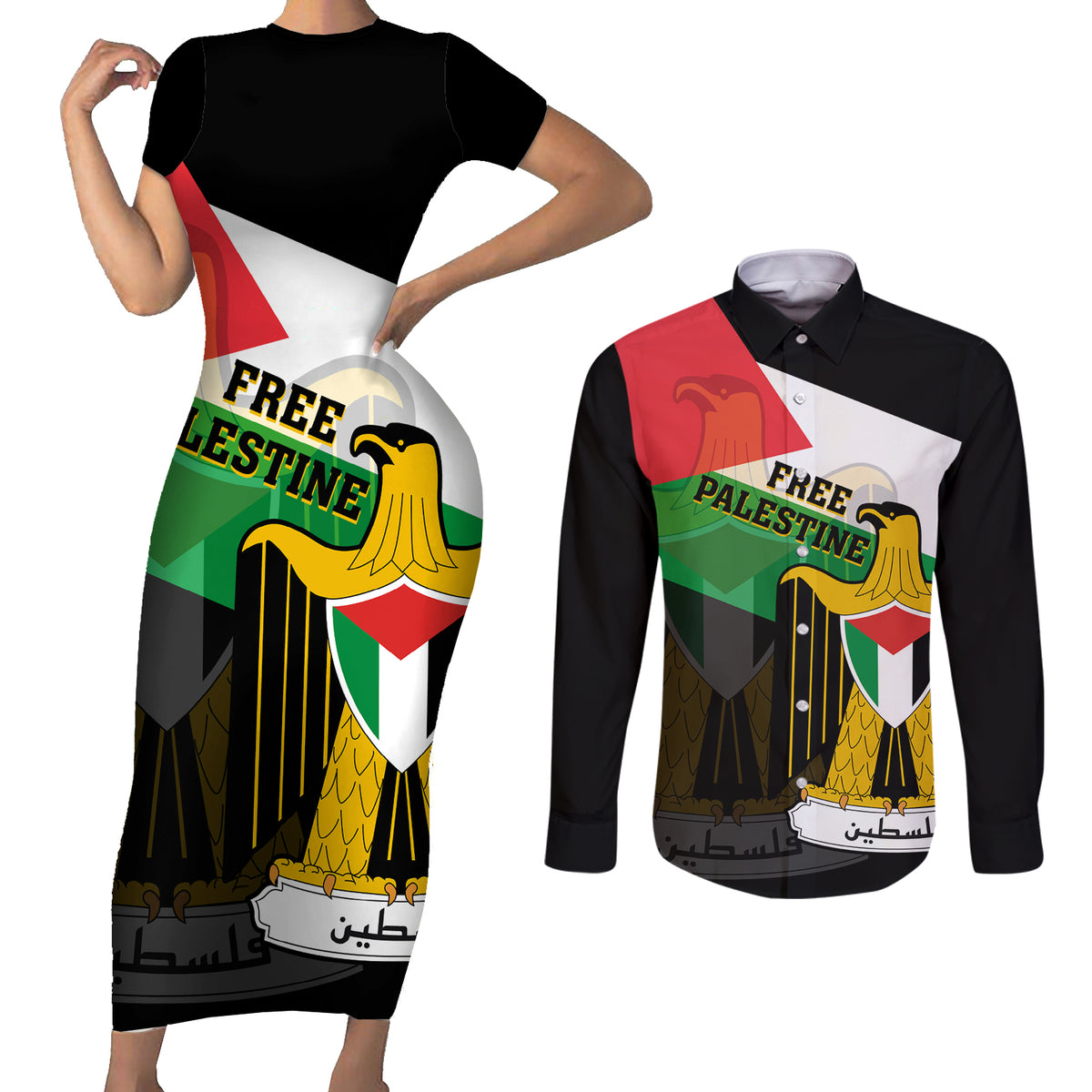 Free Palestine Couples Matching Short Sleeve Bodycon Dress and Long Sleeve Button Shirt Coat Of Arms Mix Flag Style - Wonder Print Shop