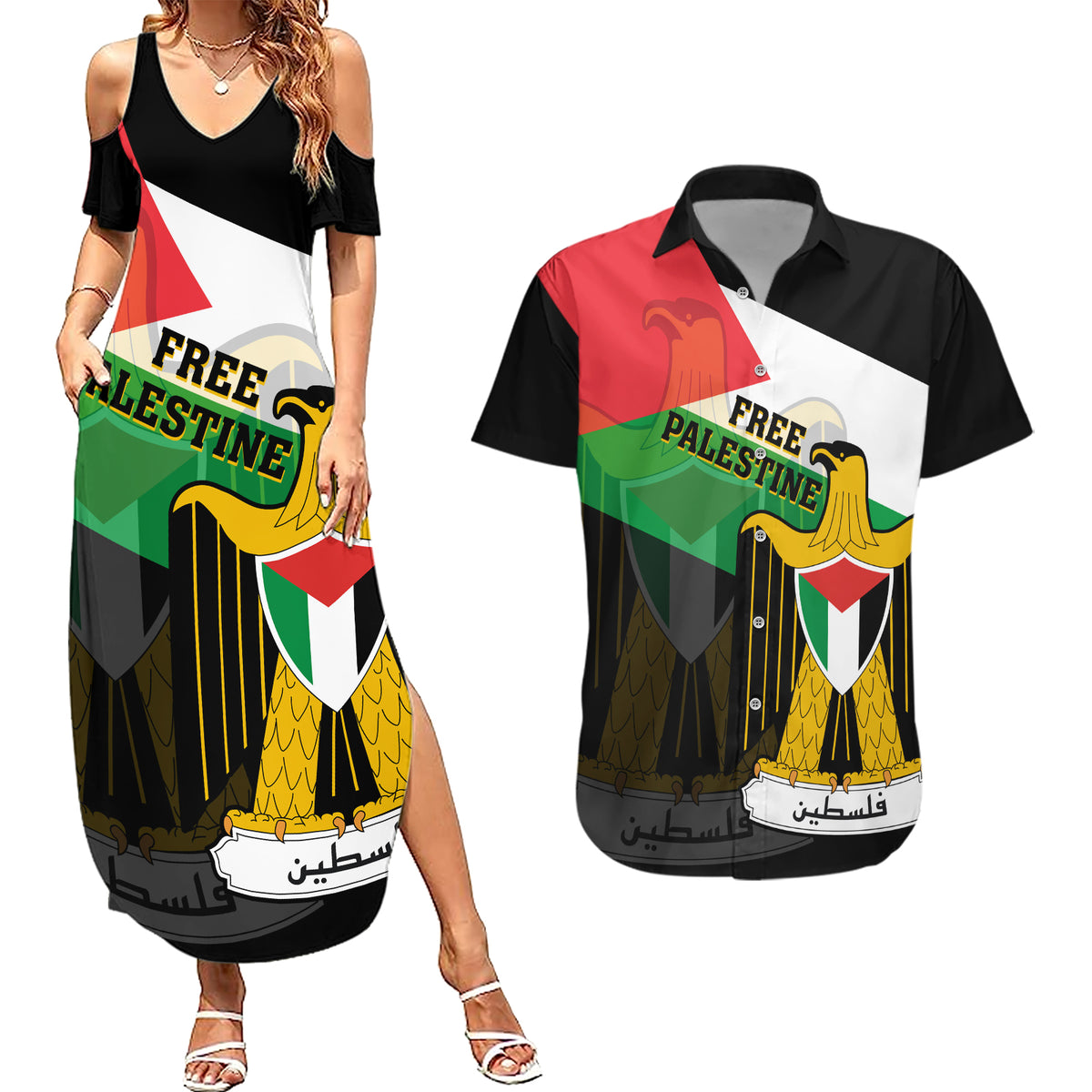 Free Palestine Couples Matching Summer Maxi Dress and Hawaiian Shirt Coat Of Arms Mix Flag Style - Wonder Print Shop