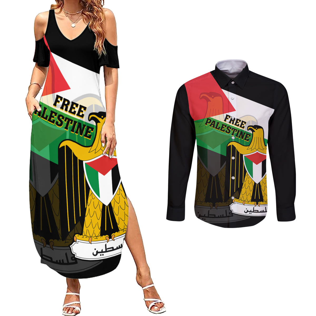 Free Palestine Couples Matching Summer Maxi Dress and Long Sleeve Button Shirt Coat Of Arms Mix Flag Style - Wonder Print Shop