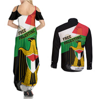 Free Palestine Couples Matching Summer Maxi Dress and Long Sleeve Button Shirt Coat Of Arms Mix Flag Style - Wonder Print Shop
