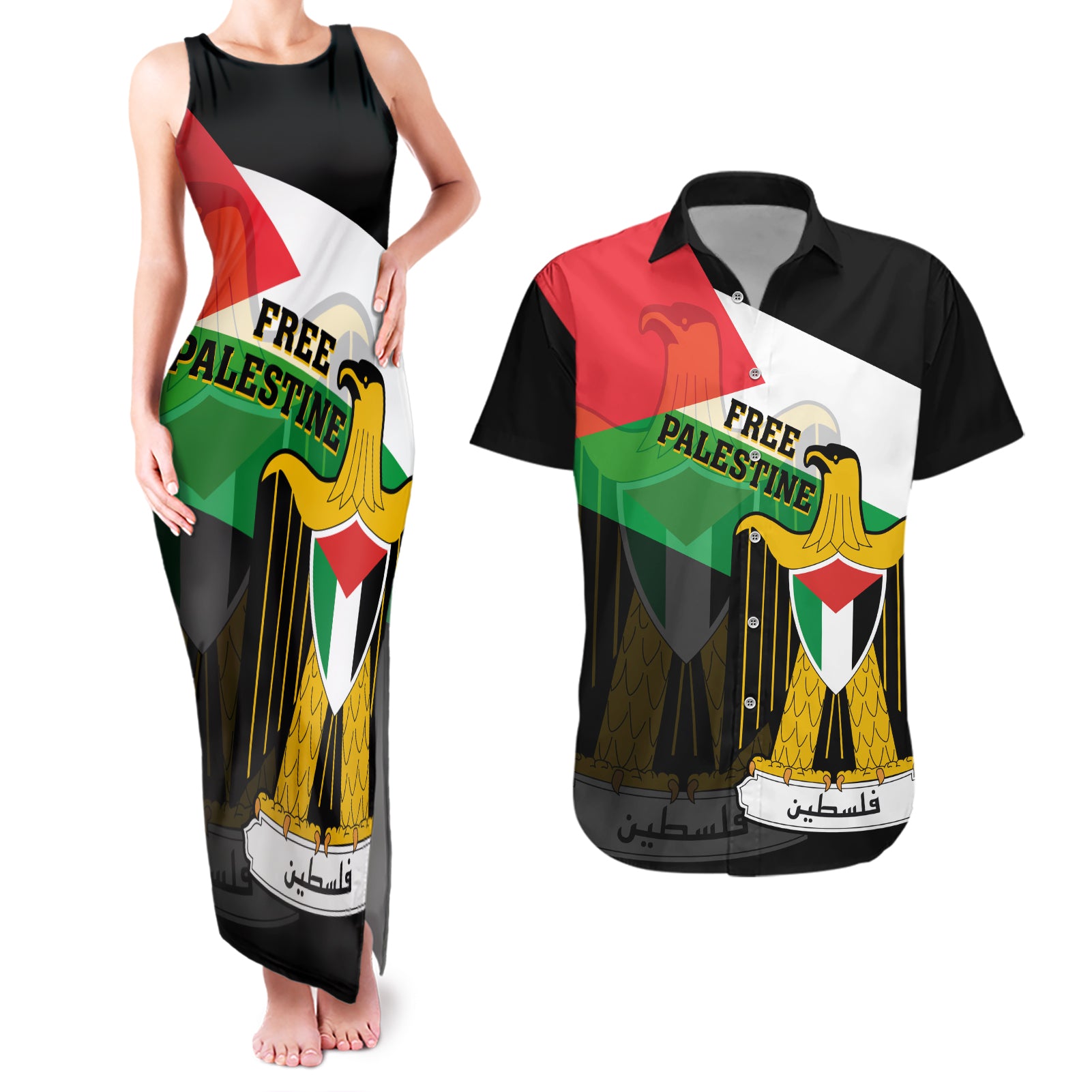 Free Palestine Couples Matching Tank Maxi Dress and Hawaiian Shirt Coat Of Arms Mix Flag Style - Wonder Print Shop