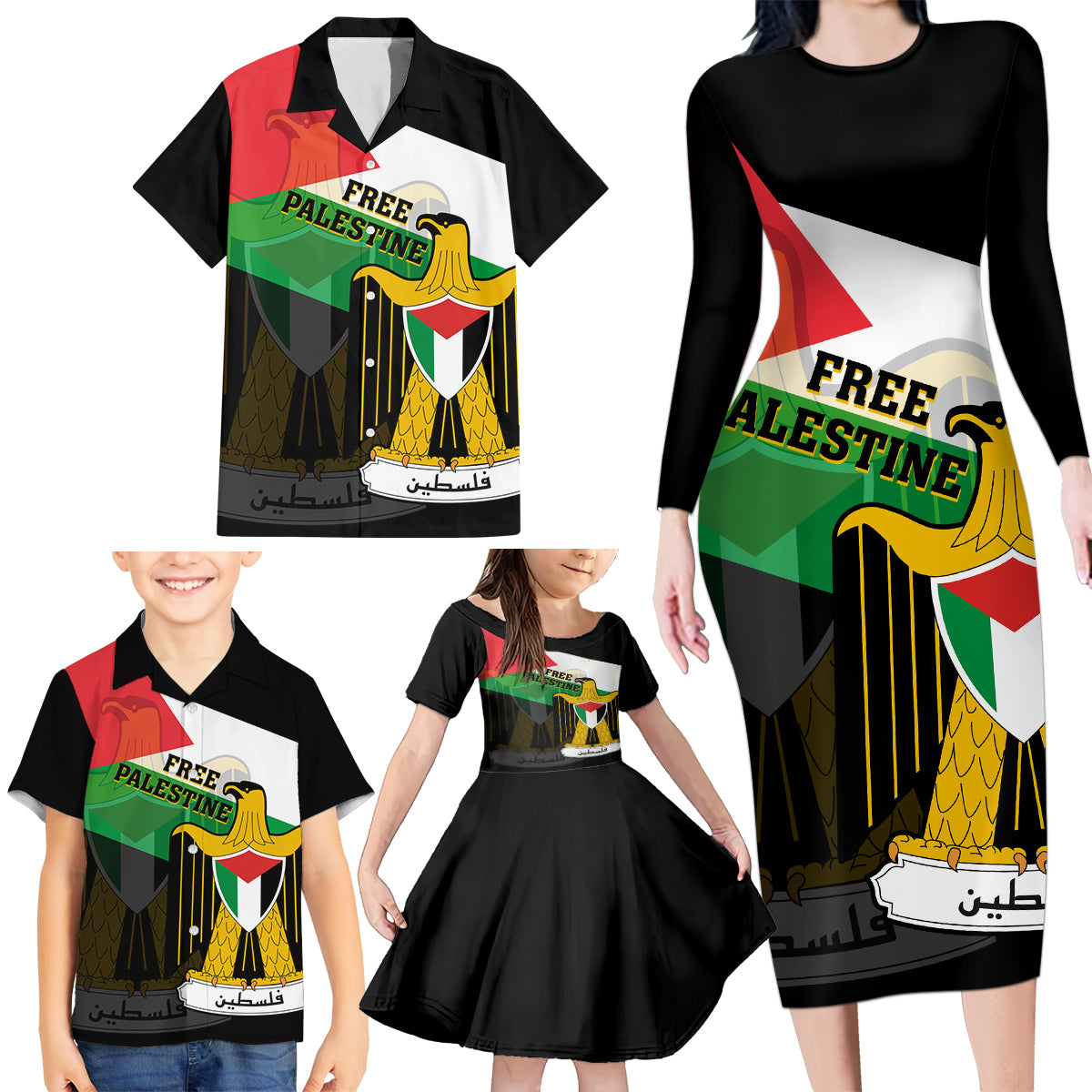 Free Palestine Family Matching Long Sleeve Bodycon Dress and Hawaiian Shirt Coat Of Arms Mix Flag Style - Wonder Print Shop
