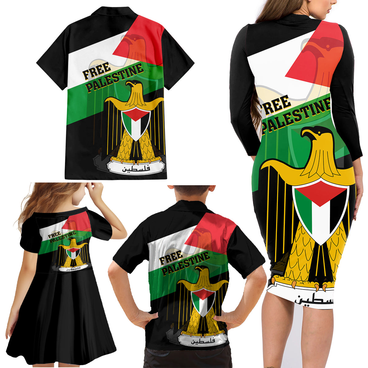 Free Palestine Family Matching Long Sleeve Bodycon Dress and Hawaiian Shirt Coat Of Arms Mix Flag Style - Wonder Print Shop