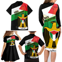 Free Palestine Family Matching Long Sleeve Bodycon Dress and Hawaiian Shirt Coat Of Arms Mix Flag Style - Wonder Print Shop