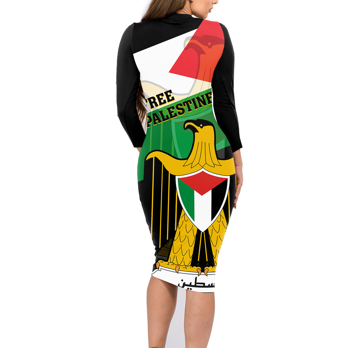 Free Palestine Family Matching Long Sleeve Bodycon Dress and Hawaiian Shirt Coat Of Arms Mix Flag Style - Wonder Print Shop