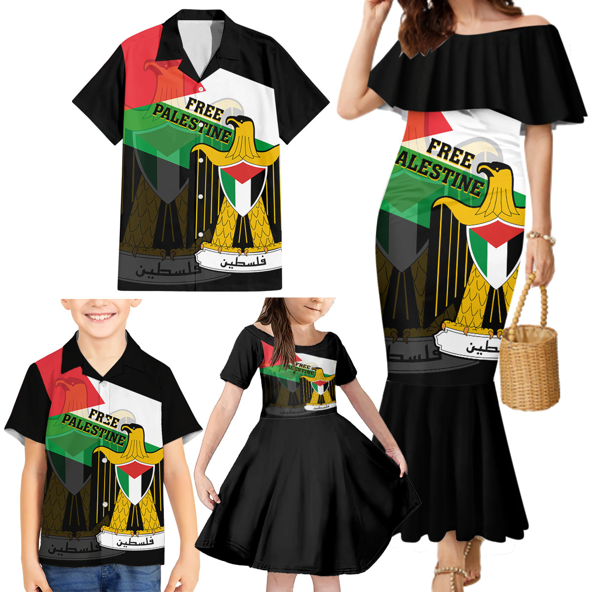 Free Palestine Family Matching Mermaid Dress and Hawaiian Shirt Coat Of Arms Mix Flag Style - Wonder Print Shop
