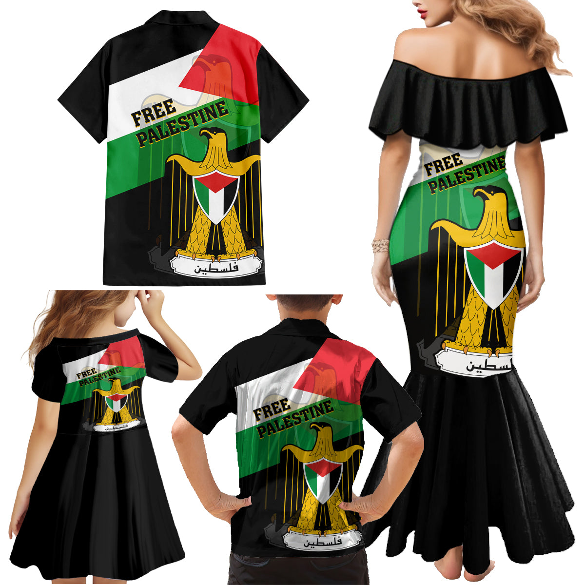 Free Palestine Family Matching Mermaid Dress and Hawaiian Shirt Coat Of Arms Mix Flag Style - Wonder Print Shop