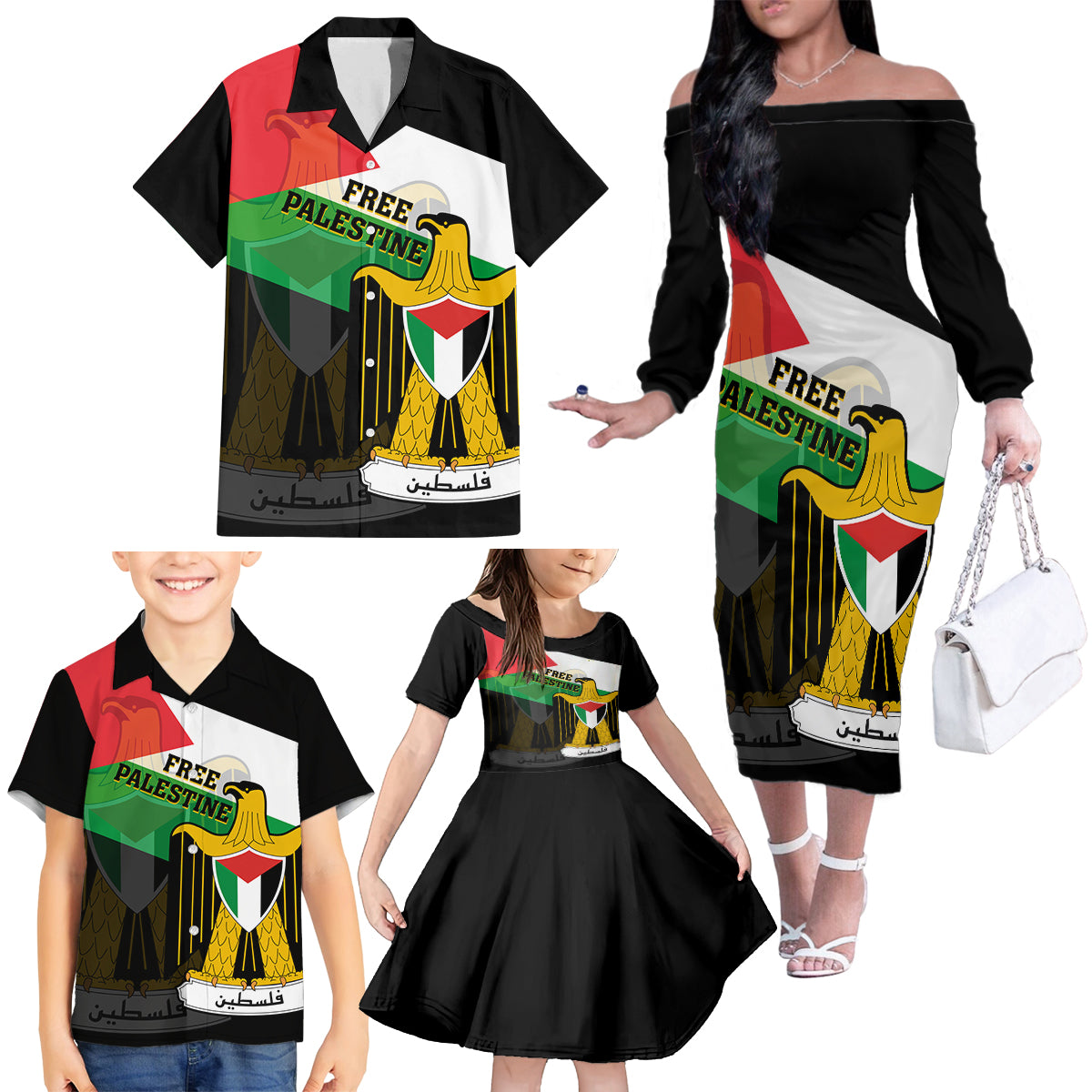 Free Palestine Family Matching Off Shoulder Long Sleeve Dress and Hawaiian Shirt Coat Of Arms Mix Flag Style - Wonder Print Shop