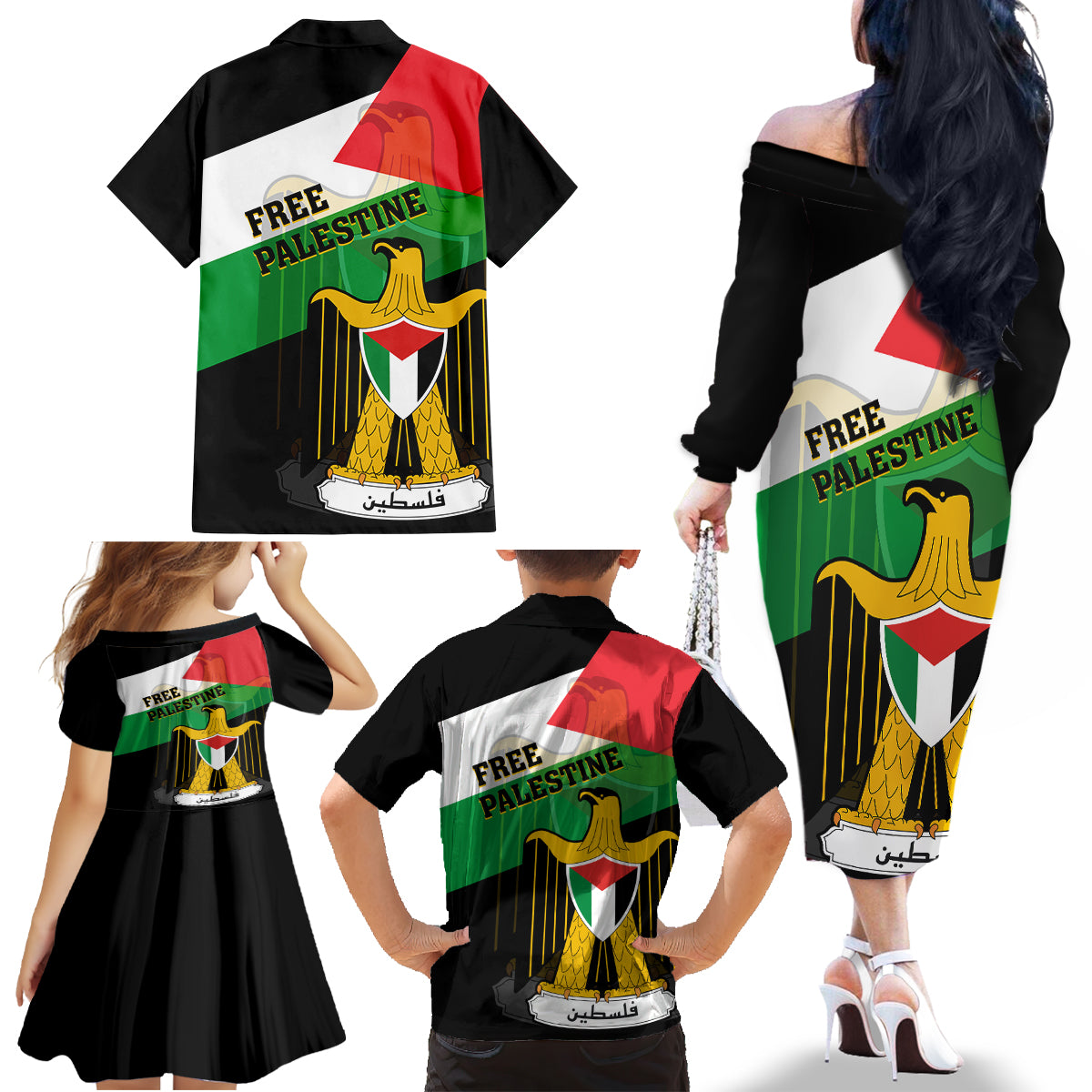 Free Palestine Family Matching Off Shoulder Long Sleeve Dress and Hawaiian Shirt Coat Of Arms Mix Flag Style - Wonder Print Shop