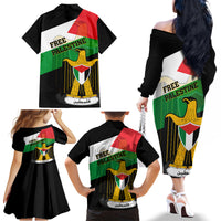 Free Palestine Family Matching Off Shoulder Long Sleeve Dress and Hawaiian Shirt Coat Of Arms Mix Flag Style - Wonder Print Shop