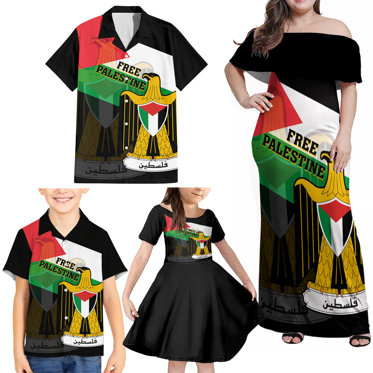 Free Palestine Family Matching Off Shoulder Maxi Dress and Hawaiian Shirt Coat Of Arms Mix Flag Style - Wonder Print Shop