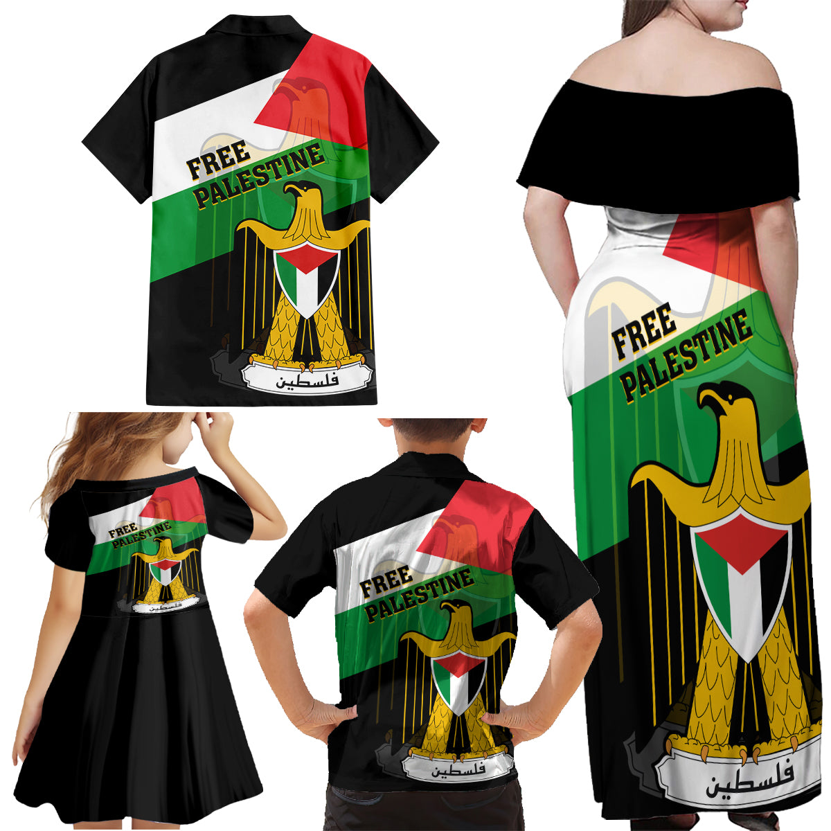Free Palestine Family Matching Off Shoulder Maxi Dress and Hawaiian Shirt Coat Of Arms Mix Flag Style - Wonder Print Shop