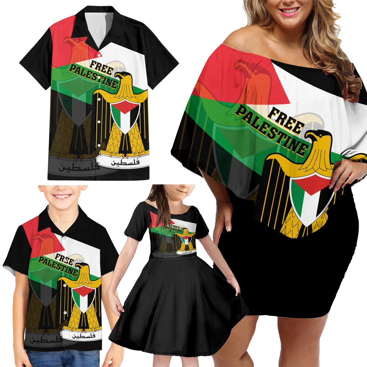 Free Palestine Family Matching Off Shoulder Short Dress and Hawaiian Shirt Coat Of Arms Mix Flag Style - Wonder Print Shop