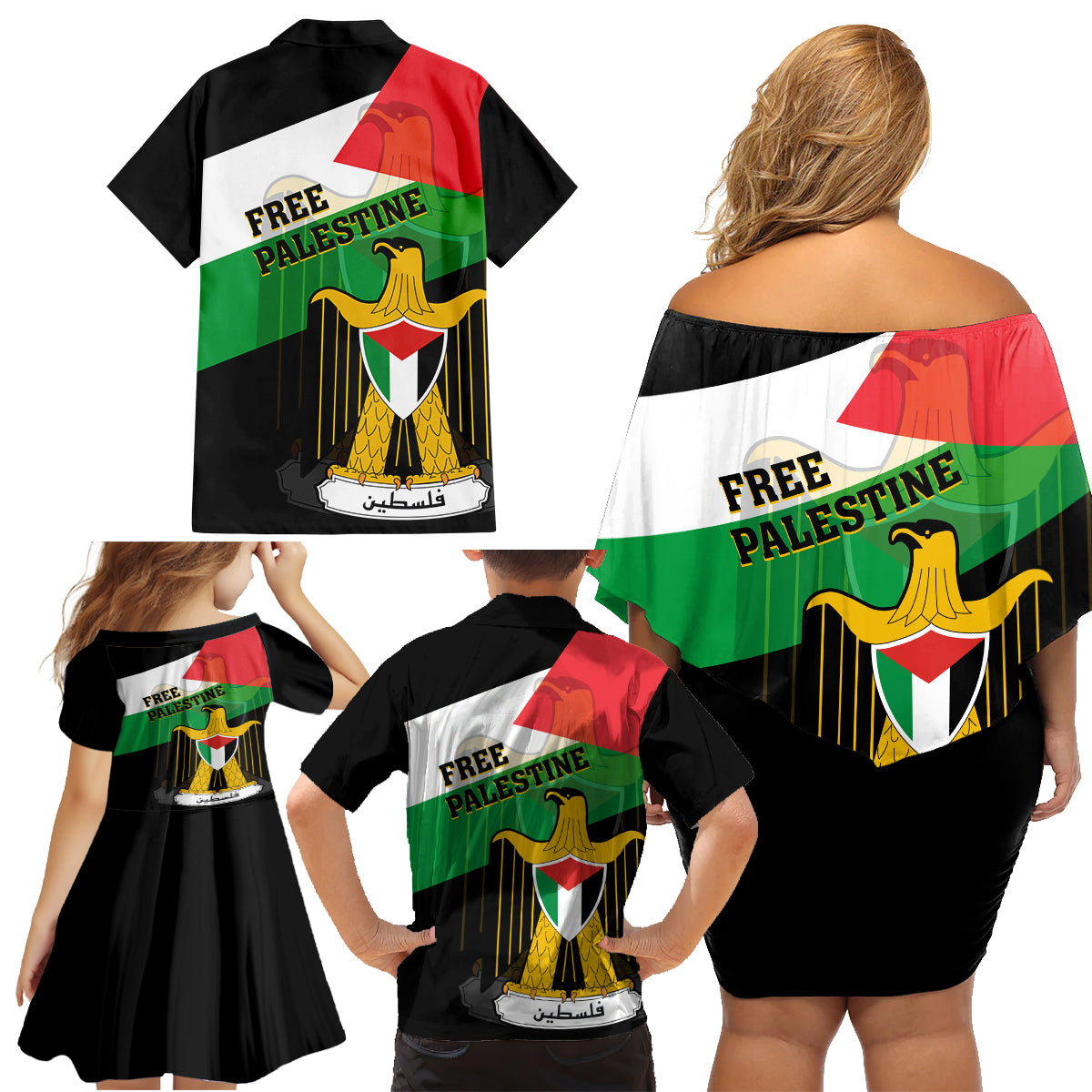 Free Palestine Family Matching Off Shoulder Short Dress and Hawaiian Shirt Coat Of Arms Mix Flag Style - Wonder Print Shop