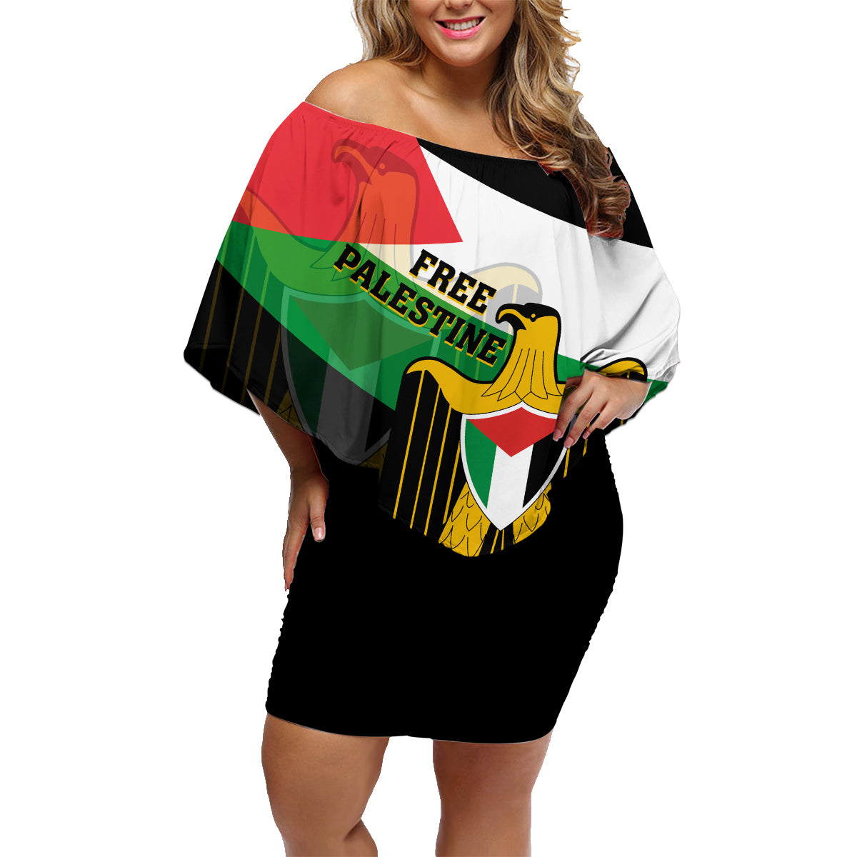 Free Palestine Family Matching Off Shoulder Short Dress and Hawaiian Shirt Coat Of Arms Mix Flag Style - Wonder Print Shop