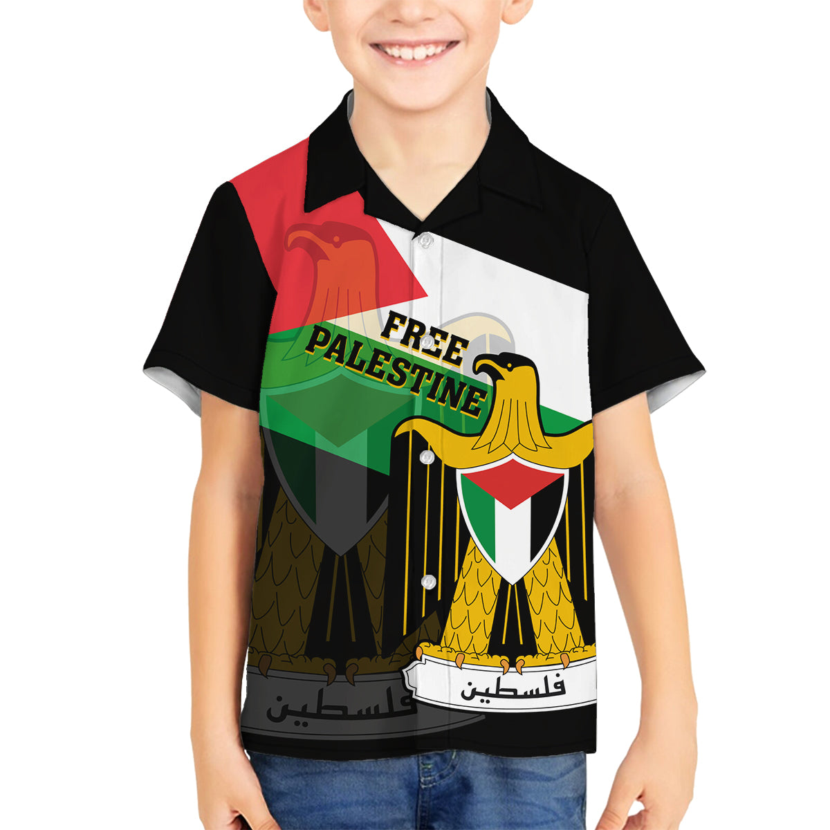 Free Palestine Family Matching Off Shoulder Short Dress and Hawaiian Shirt Coat Of Arms Mix Flag Style - Wonder Print Shop