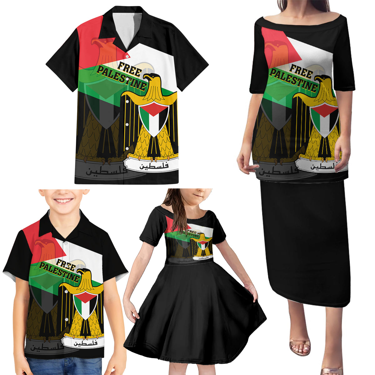 Free Palestine Family Matching Puletasi Dress and Hawaiian Shirt Coat Of Arms Mix Flag Style - Wonder Print Shop