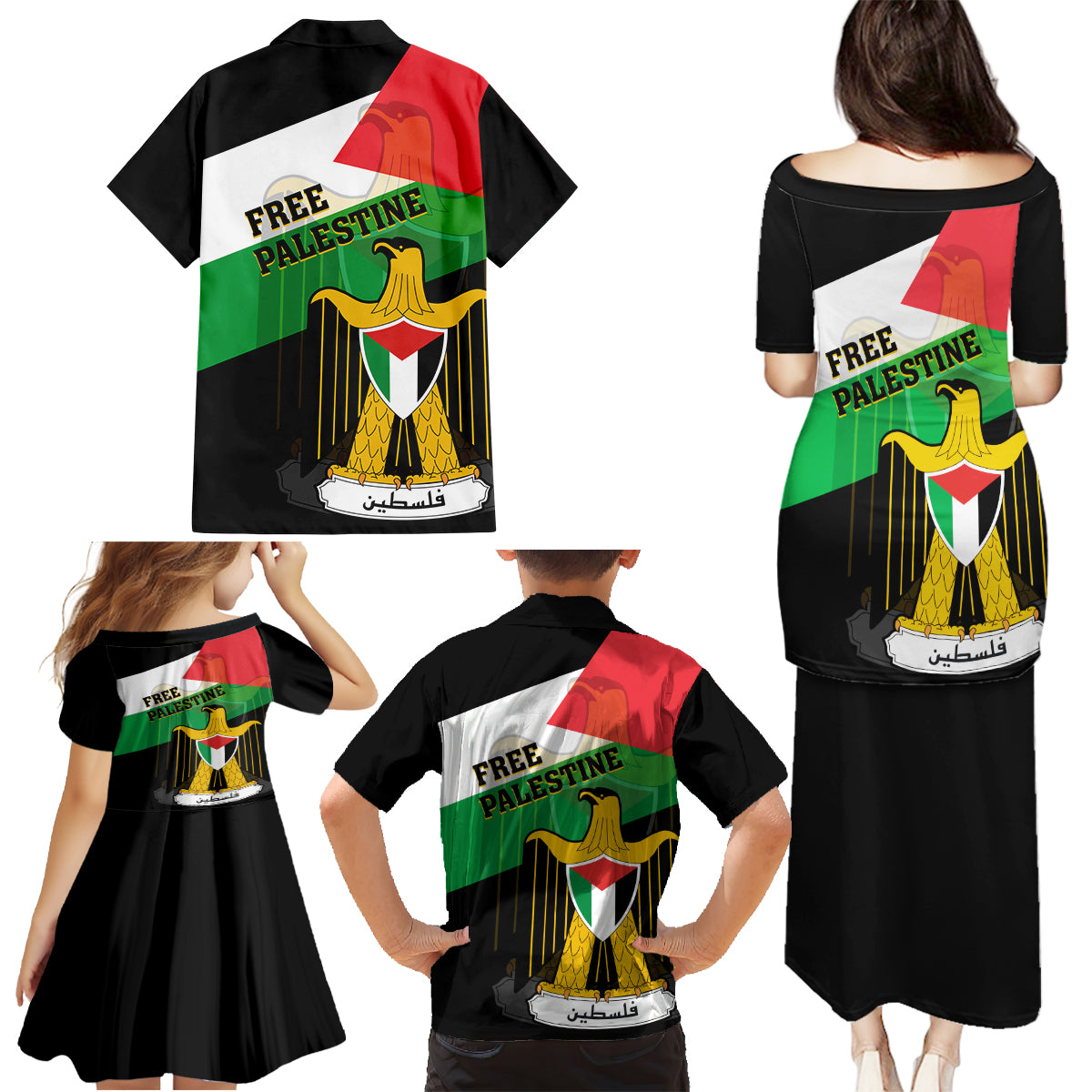 Free Palestine Family Matching Puletasi Dress and Hawaiian Shirt Coat Of Arms Mix Flag Style - Wonder Print Shop