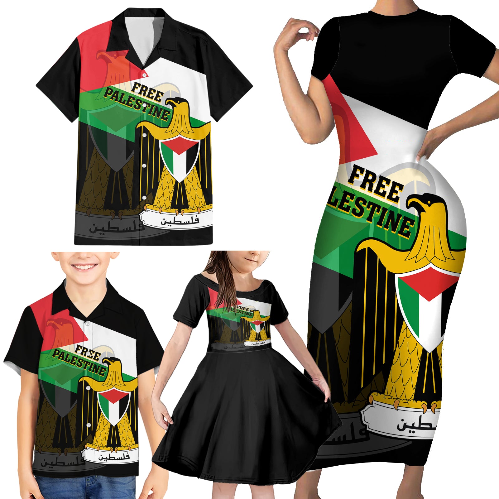 Free Palestine Family Matching Short Sleeve Bodycon Dress and Hawaiian Shirt Coat Of Arms Mix Flag Style - Wonder Print Shop