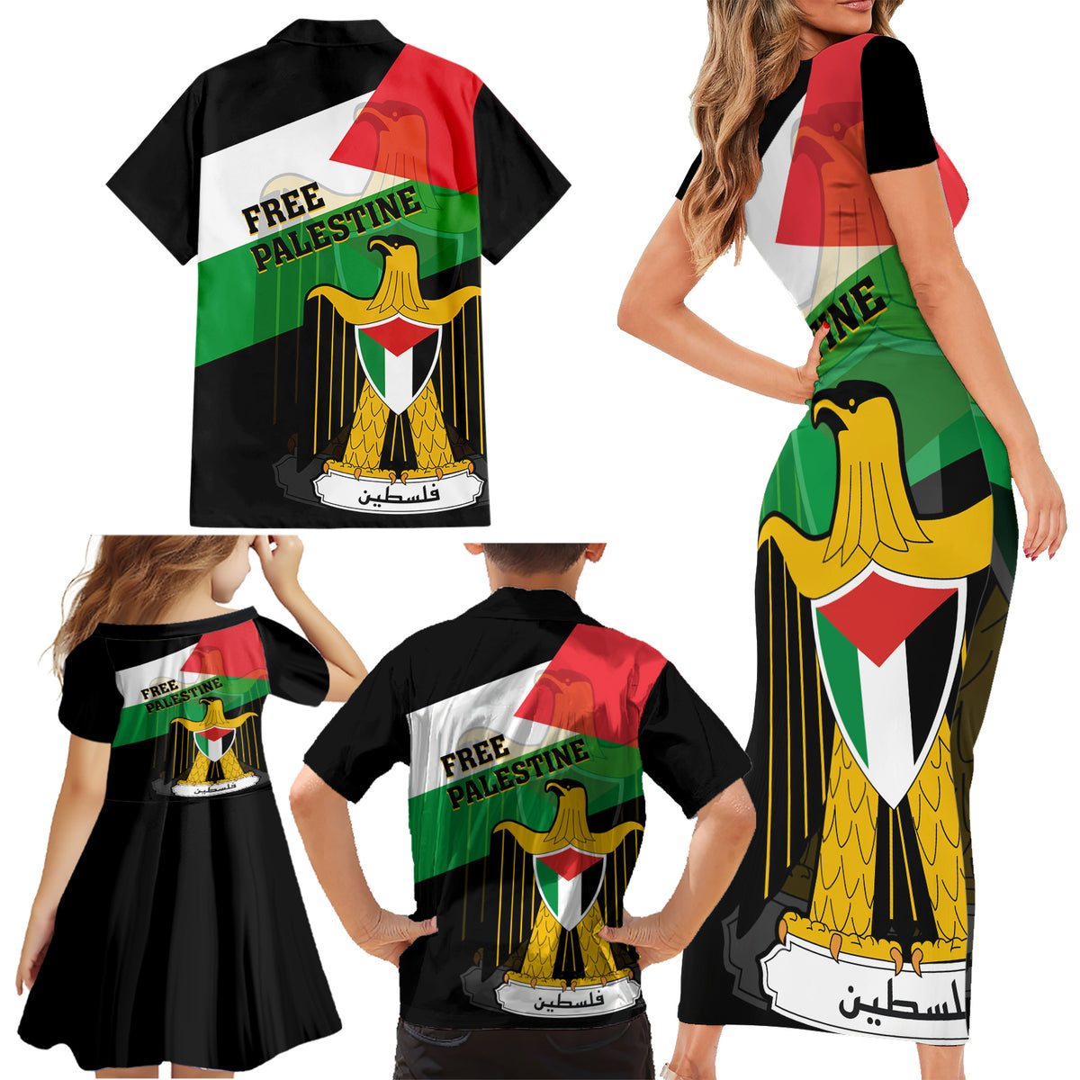 Free Palestine Family Matching Short Sleeve Bodycon Dress and Hawaiian Shirt Coat Of Arms Mix Flag Style - Wonder Print Shop