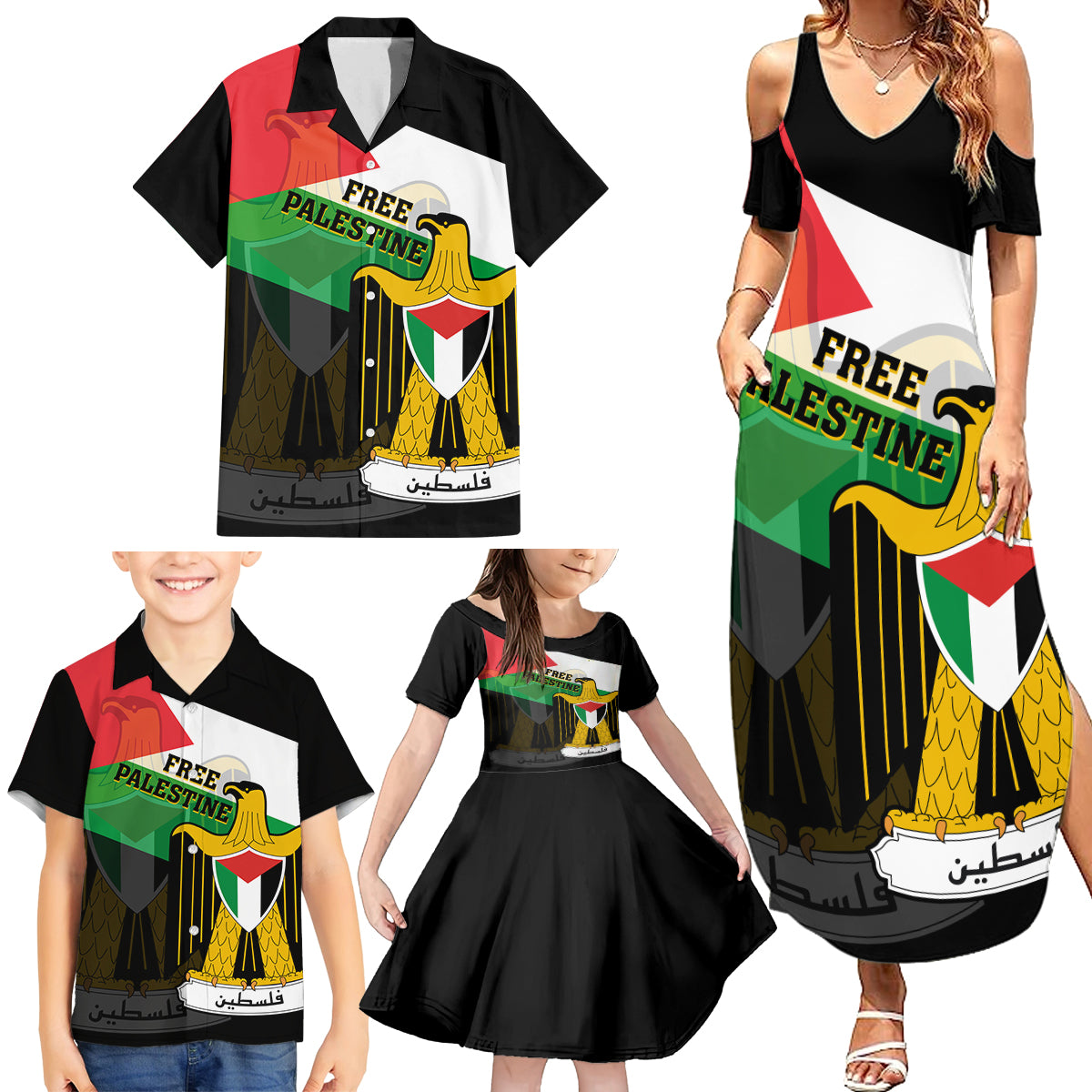 Free Palestine Family Matching Summer Maxi Dress and Hawaiian Shirt Coat Of Arms Mix Flag Style - Wonder Print Shop