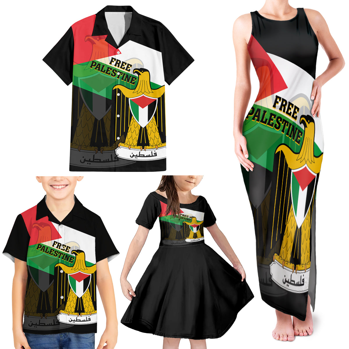 Free Palestine Family Matching Tank Maxi Dress and Hawaiian Shirt Coat Of Arms Mix Flag Style - Wonder Print Shop