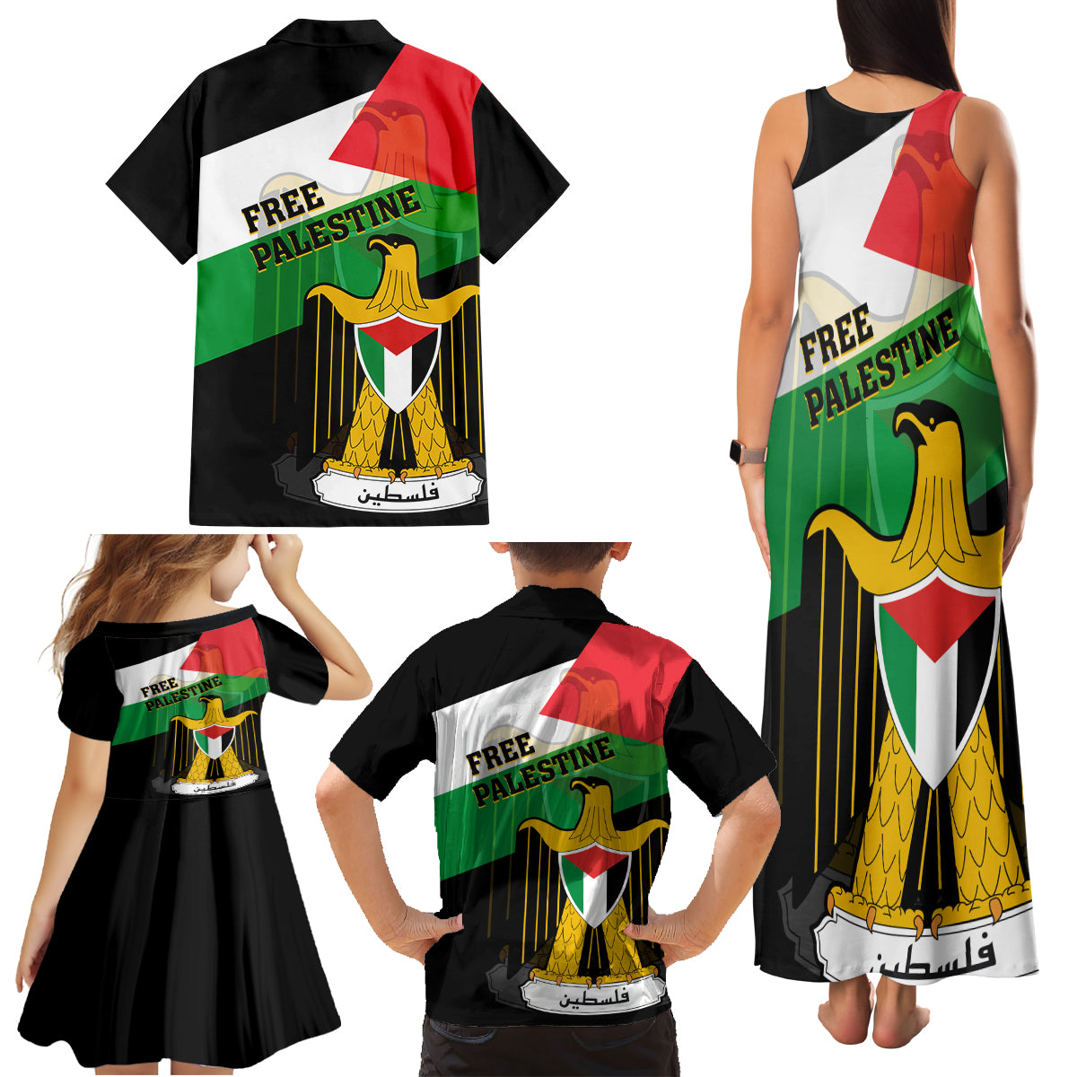 Free Palestine Family Matching Tank Maxi Dress and Hawaiian Shirt Coat Of Arms Mix Flag Style - Wonder Print Shop