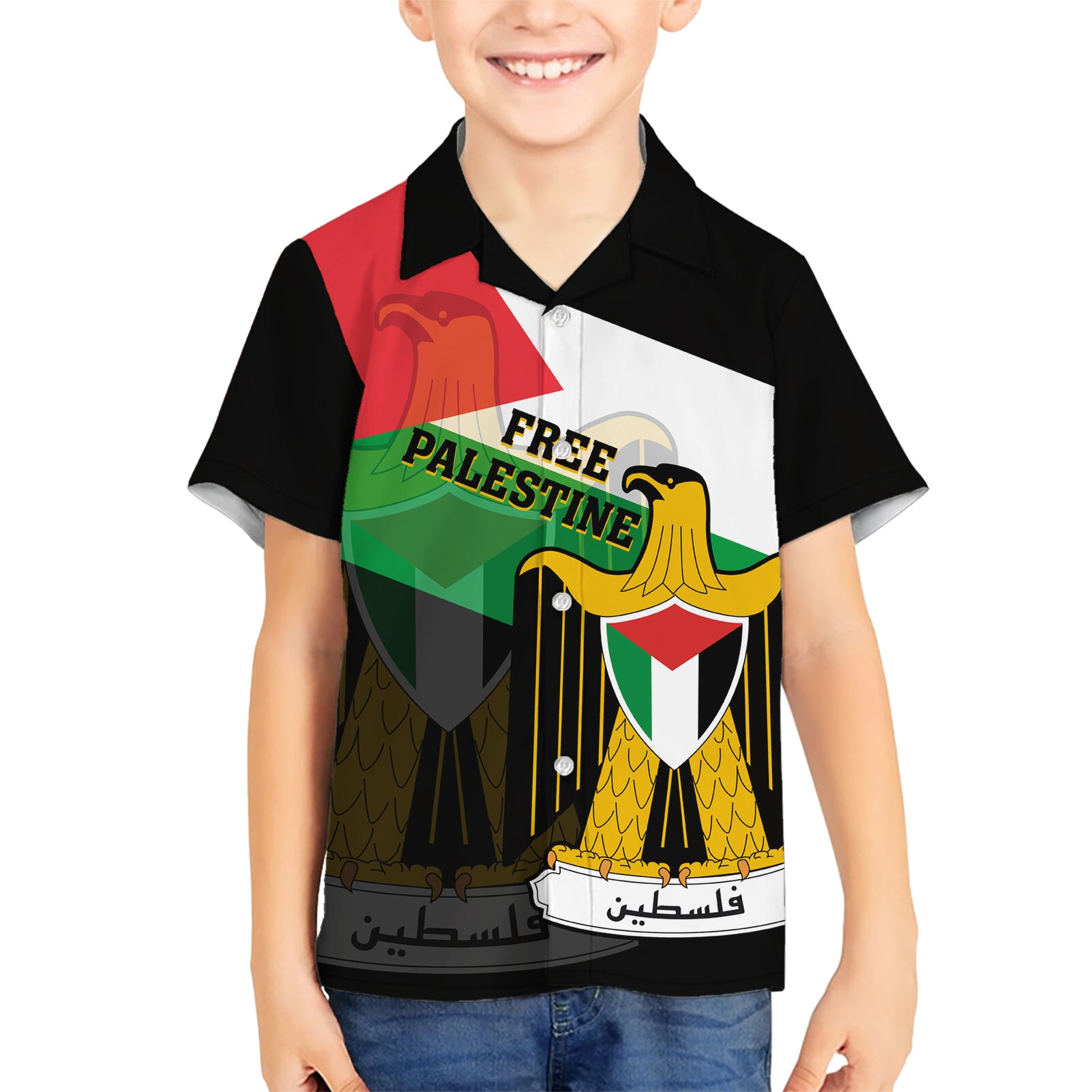 Free Palestine Kid Hawaiian Shirt Coat Of Arms Mix Flag Style - Wonder Print Shop