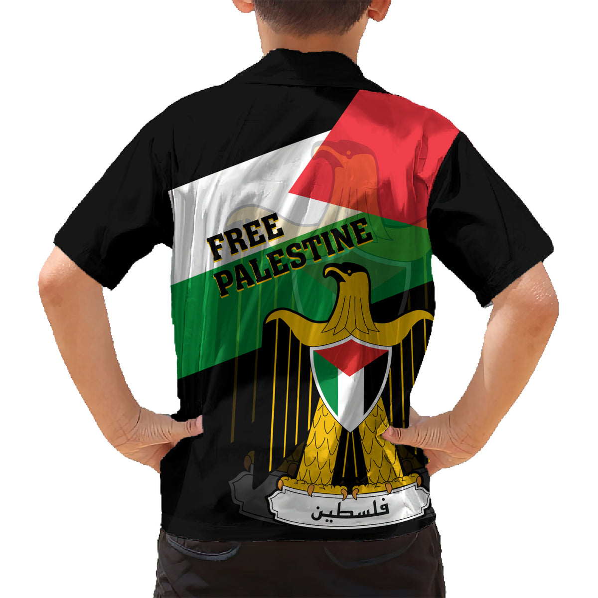 Free Palestine Kid Hawaiian Shirt Coat Of Arms Mix Flag Style - Wonder Print Shop