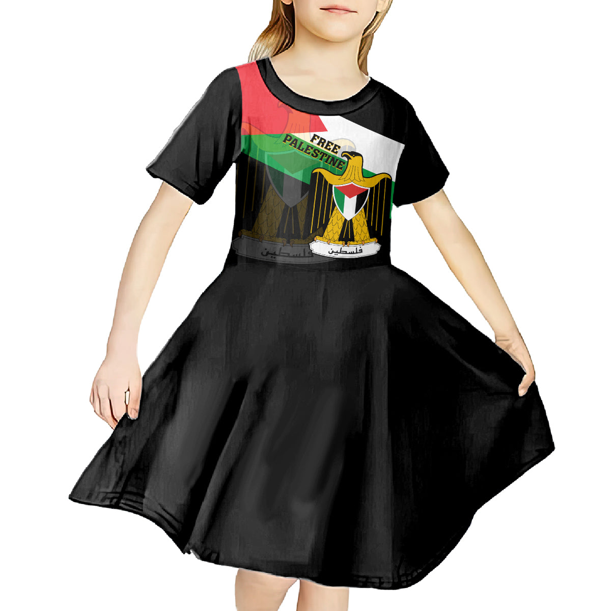 Free Palestine Kid Short Sleeve Dress Coat Of Arms Mix Flag Style - Wonder Print Shop