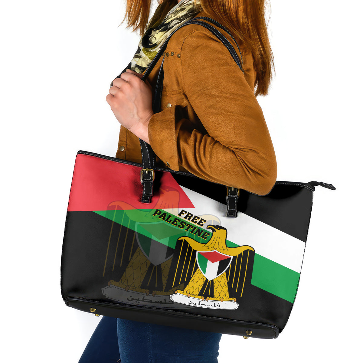 Free Palestine Leather Tote Bag Coat Of Arms Mix Flag Style - Wonder Print Shop