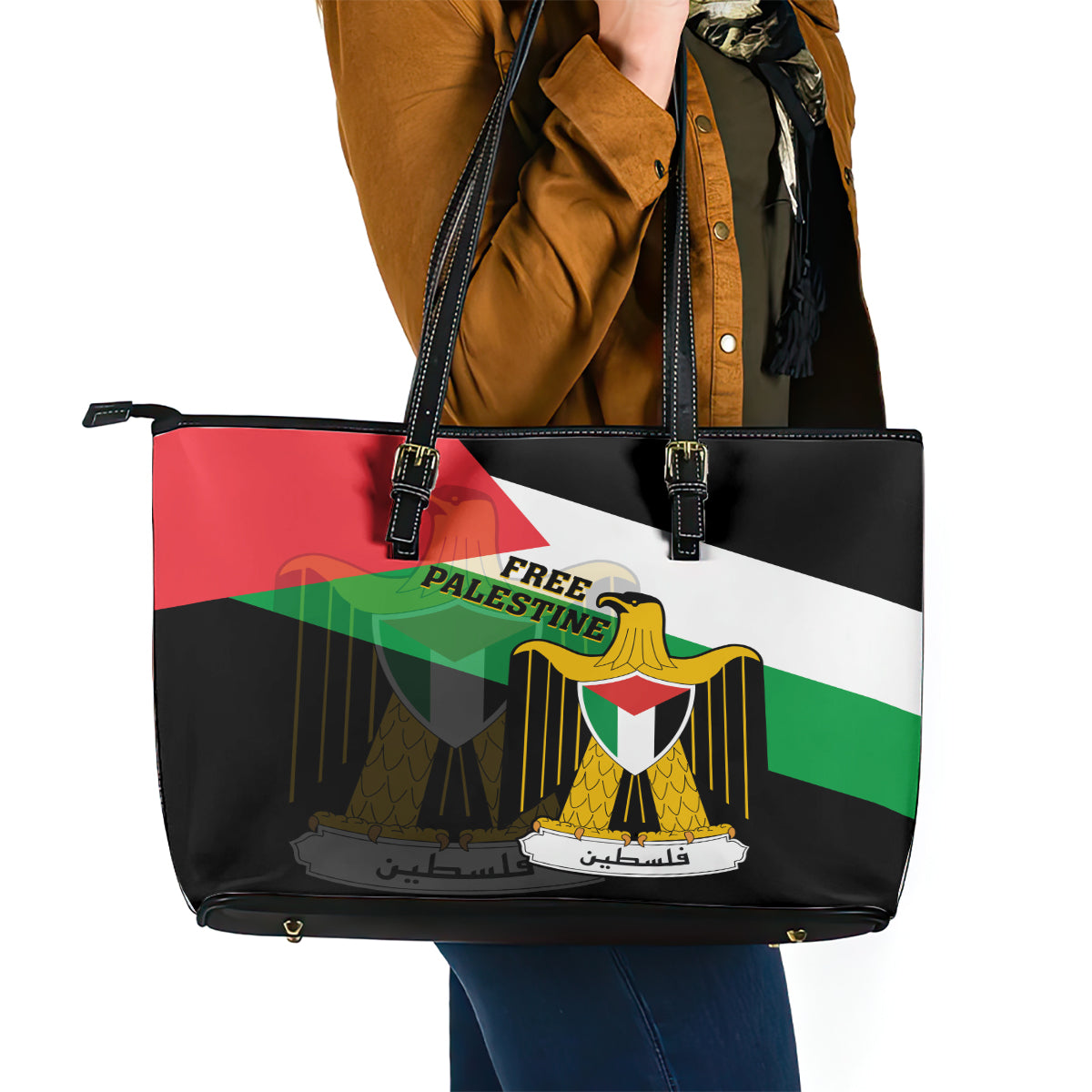 Free Palestine Leather Tote Bag Coat Of Arms Mix Flag Style - Wonder Print Shop