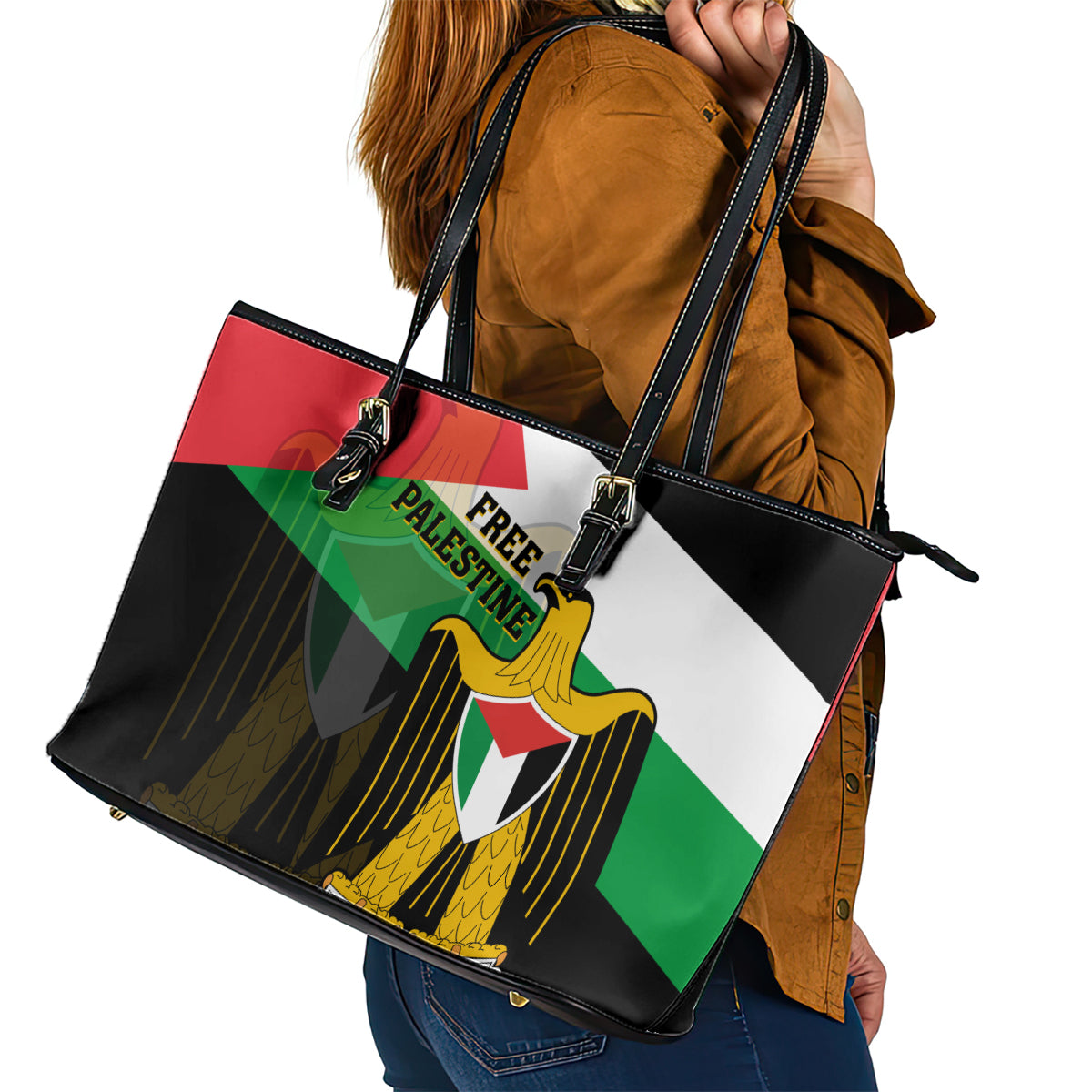 Free Palestine Leather Tote Bag Coat Of Arms Mix Flag Style - Wonder Print Shop