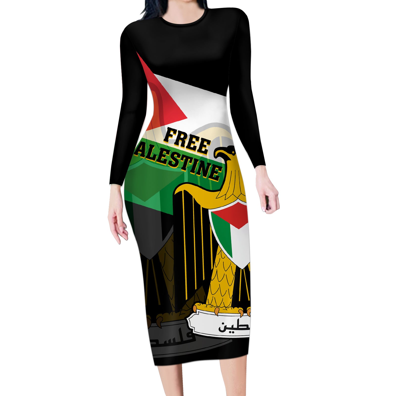 Free Palestine Long Sleeve Bodycon Dress Coat Of Arms Mix Flag Style - Wonder Print Shop