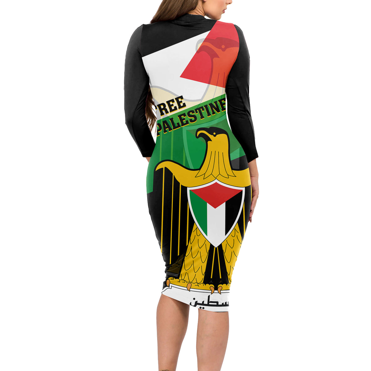 Free Palestine Long Sleeve Bodycon Dress Coat Of Arms Mix Flag Style - Wonder Print Shop