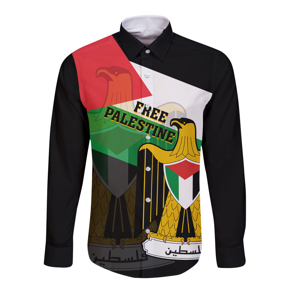 Free Palestine Long Sleeve Button Shirt Coat Of Arms Mix Flag Style - Wonder Print Shop