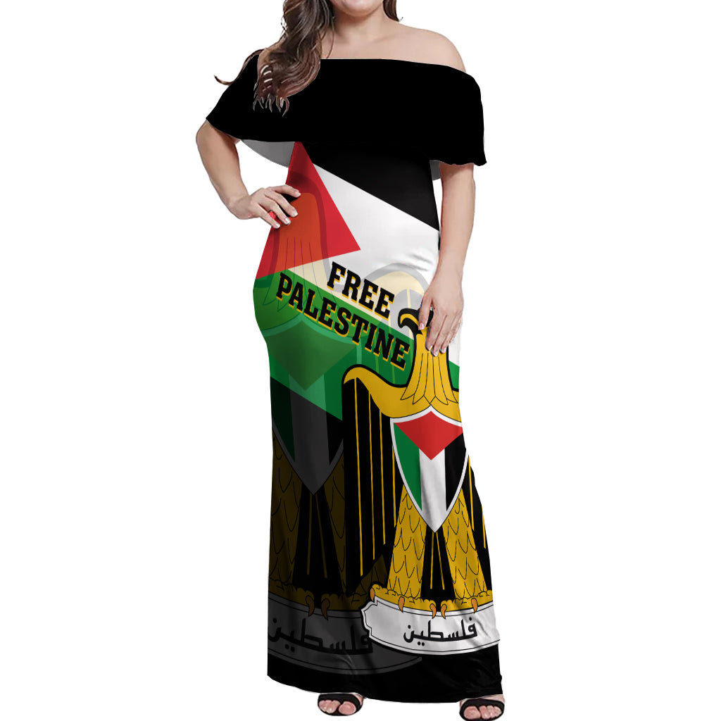 Free Palestine Off Shoulder Maxi Dress Coat Of Arms Mix Flag Style - Wonder Print Shop