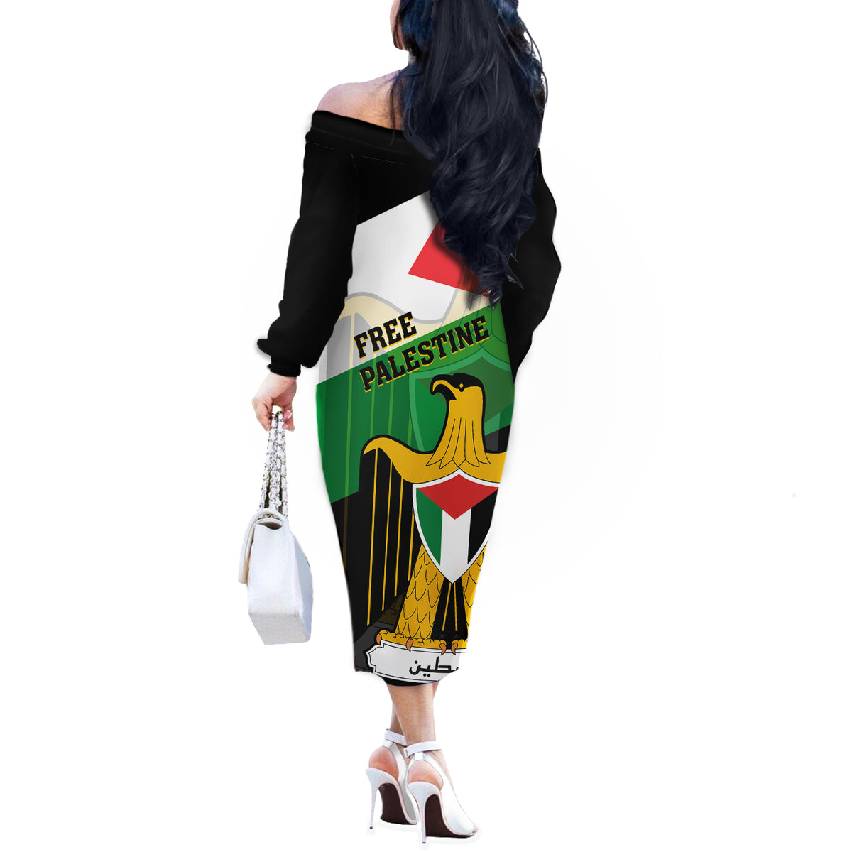 Free Palestine Off The Shoulder Long Sleeve Dress Coat Of Arms Mix Flag Style - Wonder Print Shop